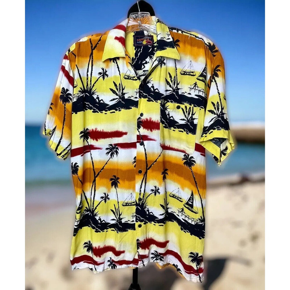 Hawaiian Shirt Papaya by Ringo Casual Palm Trees Size Small Yellow & Black